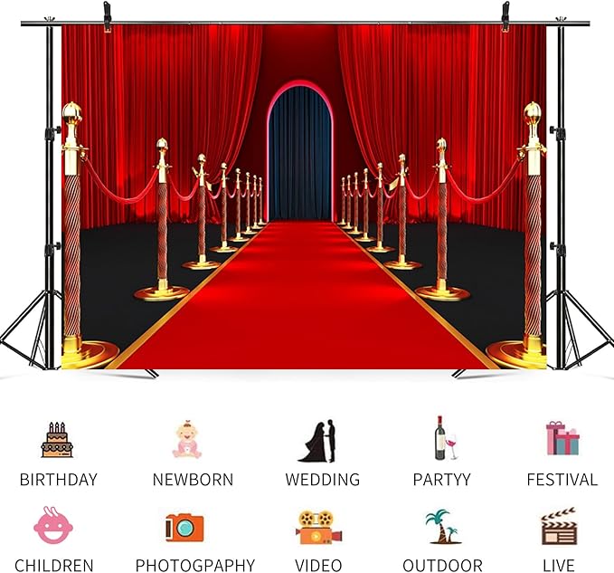 12x8ft Red Carpet Backdrop Red Curtain VIP Photography Background Arch Door Movie Night Activity Catwalks Stage Banner Decorations Baby Shower Kids Birthday Parties Wedding Photo Booth Prop