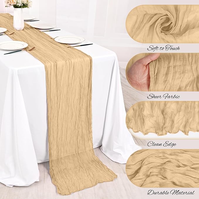 8 Pack Beige Cheesecloth Table Runner 10FT Boho Gauze Cheese Cloth Table Runner Rustic Sheer Fabric Table Runners for Wedding Bridal Shower Baby Shower Party(21.5×120 Inch)