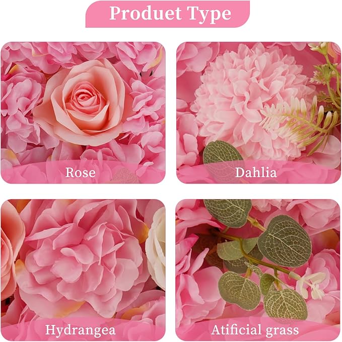 3D Flower Wall Backdrop - 12Pcs 15×15 Inch Artificial Rose Panels Pink Silk Floral Decor for Home Party Wedding Anniversary Birthday Photographic Studio Background & Decorative Fences