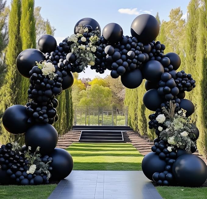 Black Balloon Arch Garland Kit Double Stuffed Matte Black Balloons Different Sizes Latex Premium 18 12 10 5 Inch Balloons for Birthday Graduation Wedding Anniversary Baby Shower Retirement Party Decor