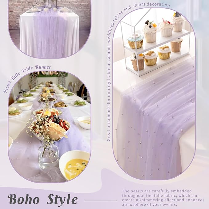 Pearl Table Runner 29 x 120 Inch Tulle Fabric Lace Table Runners for Bridal Shower Birthday Party Wedding Arch Dessert Table Decor(1 Pack, Light Purple)