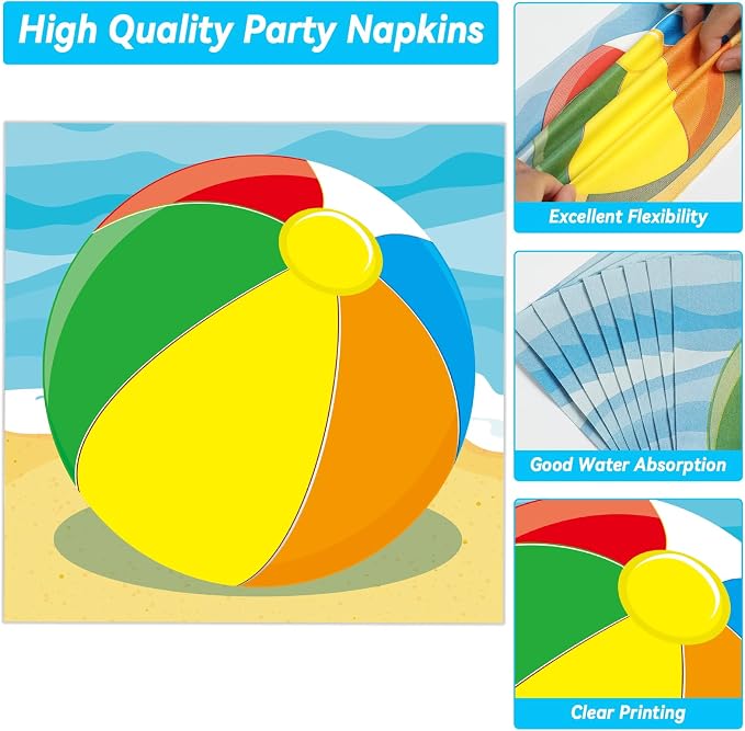 Qyeahkj 50 Guests Beach Pool Ball Party Plates and Napkins Tableware Set Summer Pool Beach Birthday Party Dinnerware Supplies Favors Decorations for Hawaiian Camp, 200PCS
