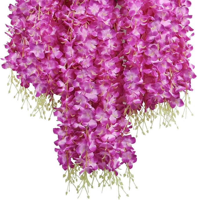 Pauwer Wisteria Hanging Flowers 12 Pack Fake Flower Garland Artificial Wisteria Vines Rattan Silk Flower String Wedding Party Wall Decorations,Fuchsia