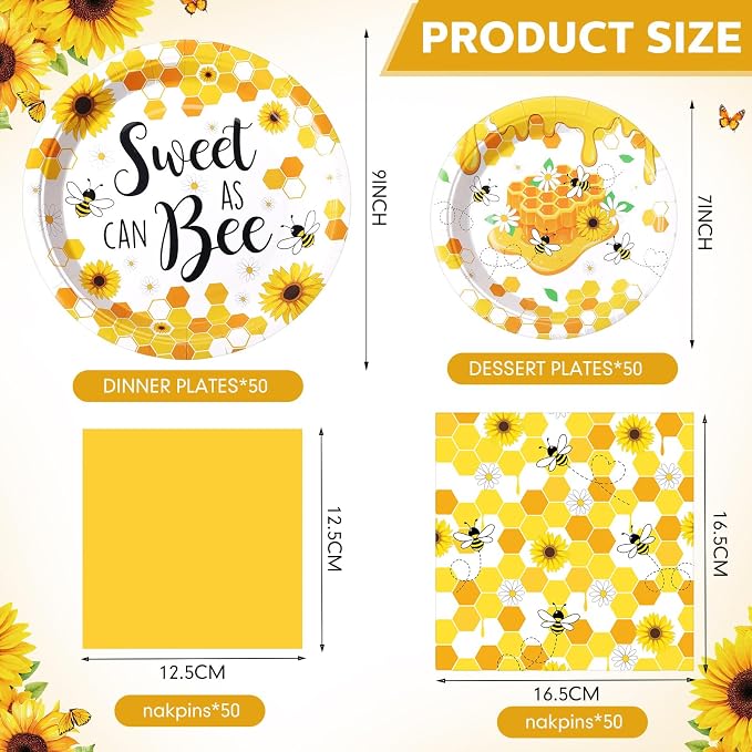 Funnymoom 200 Pcs Honey Bee Party Supplies Sweet as Can Bee Disposable Paper Dinner Plates Dessert Plates Napkins for Baby Shower Birthday Gender Reveal Party Decoration Serves 50 Guests