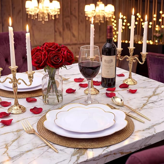 supernal 60pcs White Scalloped Plastic Plates with Gold Trim,Heavy Duty Elegant Disposable Plates Includes: 30 Gold Dinner Plate and Dessert Plate Perfect for Wedding, Bridal Shower Mother's Day