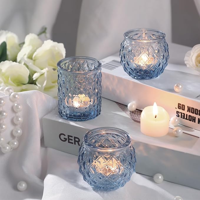 DARJEN Blue Votive Candle Holders Set of 24- Round Candle Holders Bulk, Glass Candle Holder for Vintage Decoration, Tea Lights Candle Holders for Wedding Shower, Party & Gift