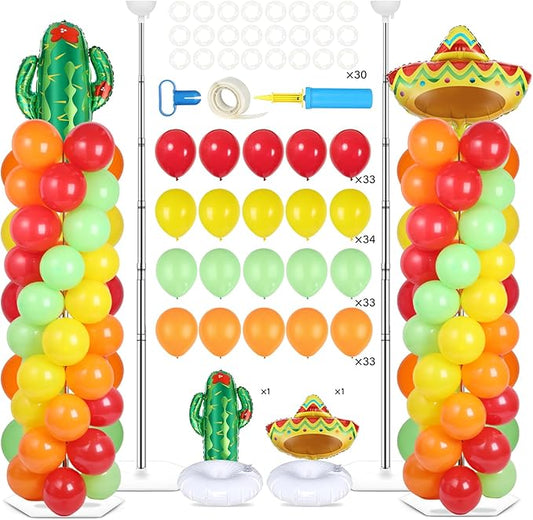 2 Sets Mexican Fiesta Balloon Column Stand Kit with 102 Balloons 5.57Ft Adjustable Balloon Tower Stand with Base Floor Cactus Sombrero Adjustable Arch Column for Mexican Fiesta Birthday Party Supply
