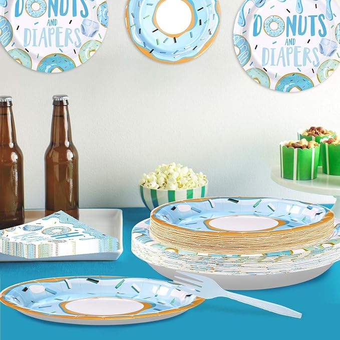 96Pcs Donut Baby Shower Decorations for Boy Blue Donut Party Plates and Napkins Disposable Donuts and Diaper Paper Tableware Set for Boys Donuts Theme Baby Shower Party Supplies, Serves 24