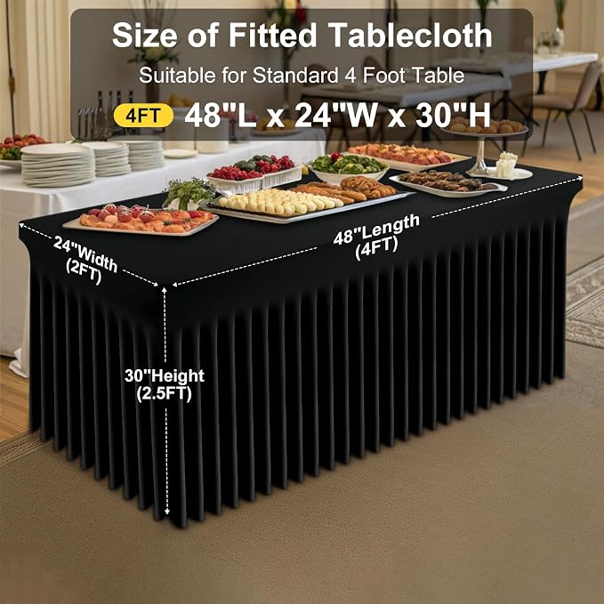 Smiry Spandex Tablecloth, Elastic Fitted Stretch Tablecloth for 4FT Rectangle Tables, Waterproof Washable Table Cover Skirt for Outdoor, Wedding, Banquet & Parties (Black, 48Lx24Wx30H Inch)