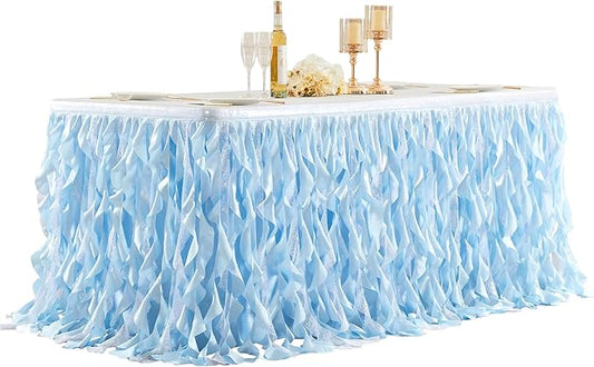 Wish Care 6ft Light Blue Sequin Table Skirt for Rectangle Tables Glitter Curly Willow Tutu Skirt Ruffle Table Cloth Desk Skirts for Birthday Baby Shower Ocean Baby Shark Party Cake Table Decorations