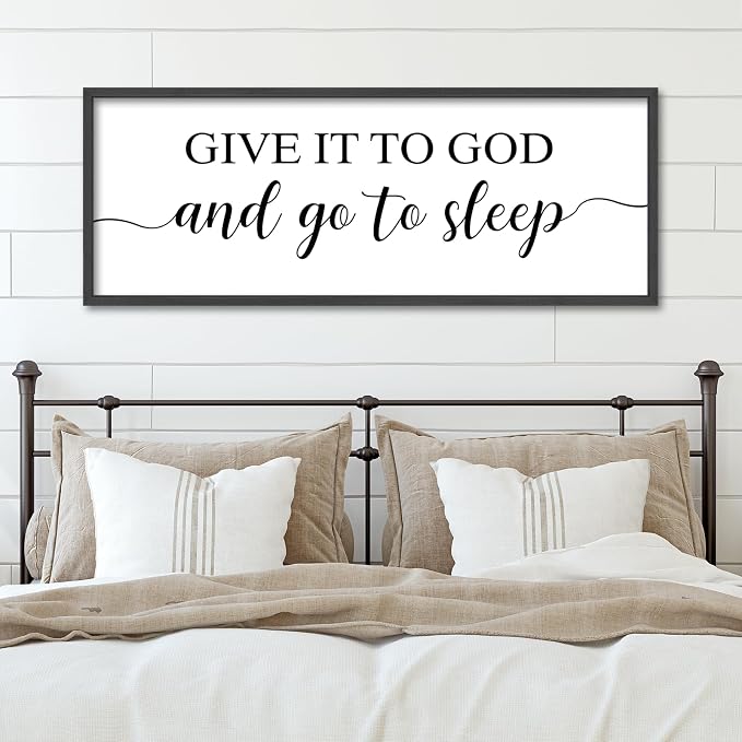 Give It To God And Go To Sleep Bedroom Wall Decor Above Bed Christian Art | 40x15 Inch Large Rustic Black Wood Framed Farmhouse sign Wall Art for Master Guest Room Over Bed Plaque Ready to Hang