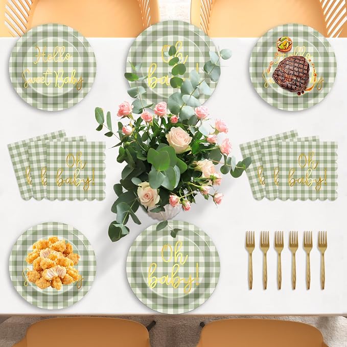 96PCS Sage Green Baby Shower Decorations Gold Sage Green Checkered Paper Plates Scalloped Napkins Tableware Set Hello Sweet Baby Disposable Dinnerware Favor for Gender Reveal Birthday Party Supplies