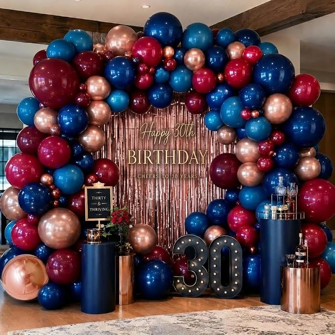 Red Blue Balloon Garland, Double Stuffed Navy Blue Dark Burgundy Balloon Arch Kit Rose Gold Fringe Curtains for Birthday Graduation Patriotic Father's Day Prom Party Decoration