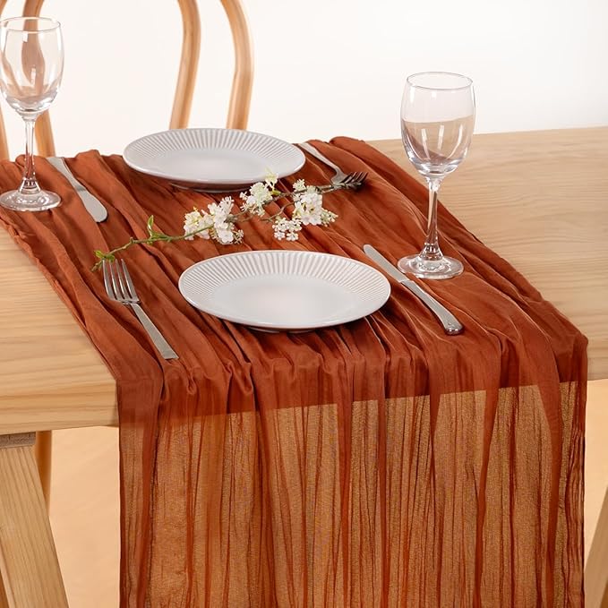 MLMC 8 Pack Terracotta Cheesecloth Table Runner 10ft Rustic Burnt Orange Cheese Cloth Table Runner 35 x 120 inches for Wedding Bridal Shower Birthday Pinic Party Thanksgiving Decor