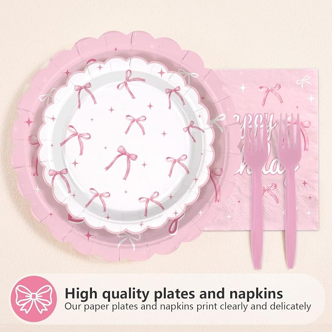 96Pcs Pink Bow Party Supplies Coquette 11th Birthday Party Plates and Napkins Disposable Bow Themed Tableware Set for Girl Happy 11th Birthday Graduation 2026 Decorations, Serves 24