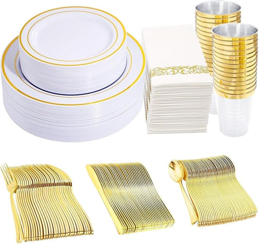 350 Pieces White and Gold Plastic Plates - 50 Guest Dinnerware Set Include 100 Plates, 50 Gold Plastic Silverware, 50 Paper Napkins and 50 Cups for Wedding/Baby Shower/Spring/Birthday/Thanksgiving