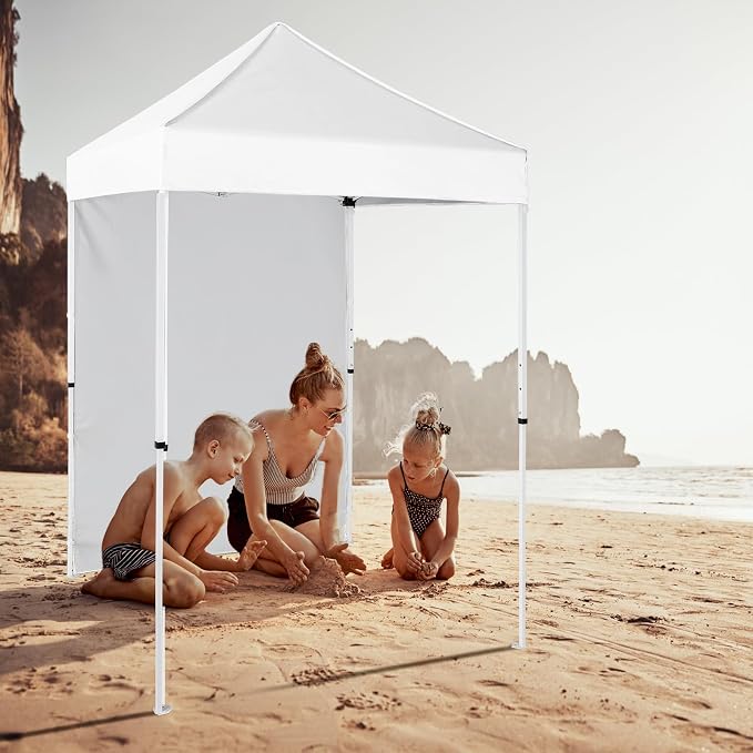5x5 Pop Up Canopy Tent with One Sidewall, Instant Portable Beach Canopy, Outdoor Tent with Carry Bag for Camping, Sports, Tailgating, Events, White