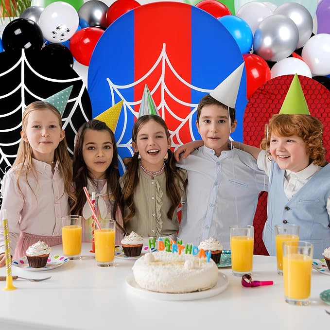 Foilswirl 34 Pcs Spider Birthday Party Decorations 3 Spider Web Arch Backdrop Covers (4/5/6ft) Web Spandex Arch Cover with 30 Red Blue and Black Silver Balloons for Birthday Party Photo Props Decor