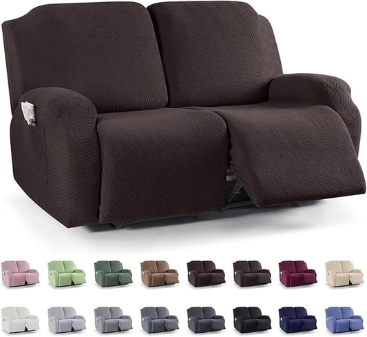 KinCam Recliner Covers, Stretch Reclining Chair Covers, Recliner Sofa Slipcovers Stripe Jacquard Recliner Couch Covers Furniture Protector Covers for Pet Kid (2XL Seater, Chocolate)