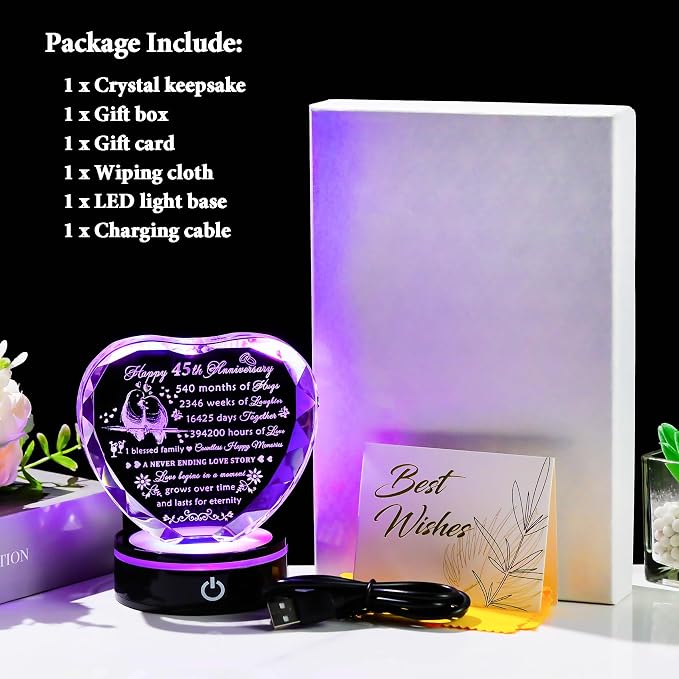 YWHL 45th Wedding Anniversary Crystal Heart Gifts for Couple Parents, Laser Engraved Romantic 45 Year Anniversary Crystal Keepsake Gifts for Wife Husband, 45 Years of Marriage Gifts for Her Him