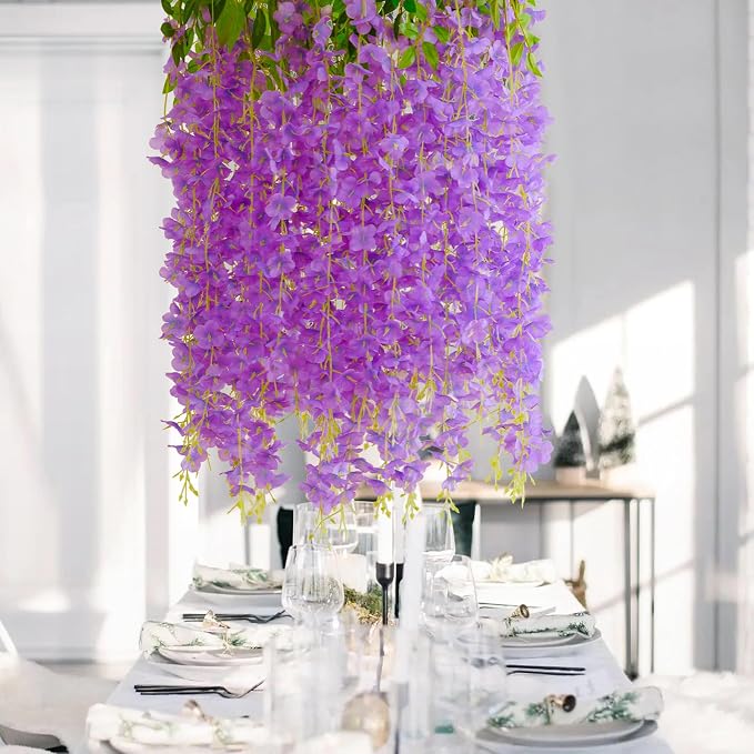 24Pcs Artificial Wisteria Hanging Flowers, 3.6Ft/Pcs Purple Fake Wisteria Garland for Wedding Party Home Garden Indoor Outdoor Decoration