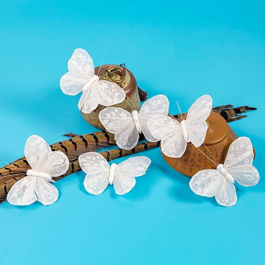YCHTEWY-Feather Butterfly Decoration on Picks Floral Supplies Set of 12 pcs with Wire White Butterflies Butterflies for Flower Arrangements (A)