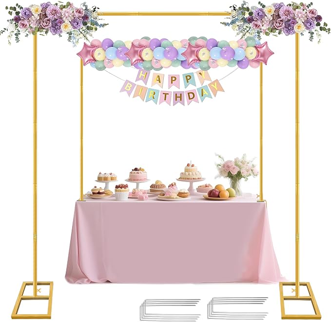 Square Backdrop Stand, Wedding Arch Heavy Duty Adjustable Stand, Over The Table Rod Stand with Clamps, Metal Gold Garden Balloon Frame for Baby Shower Party Decoration