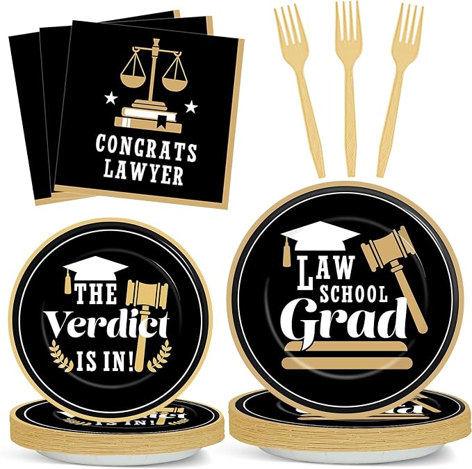 96PCS Law School Graduation Party Supplies Lawyer Congrats Grad Paper Plates and Napkins Black and Gold Congratulate Disposable Dessert Tableware for Class of 2026 Graduation Decor for 24 Guests