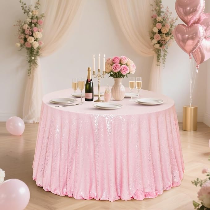 Eternal Beauty Pink Tablecloth, 120 Inch Round Sequin Tablecloth for Mother's Day Party Cake Dessert Table Exhibition Events