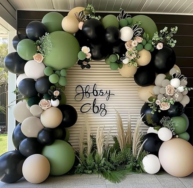 Black Sage Green Nude Balloon Garland Double Stuffed Olive Green Sand White Balloon Avocado Apricot Black Latex Arch Kit for Jungle Safari Wild One Birthday Baby Shower Woodland Decorations