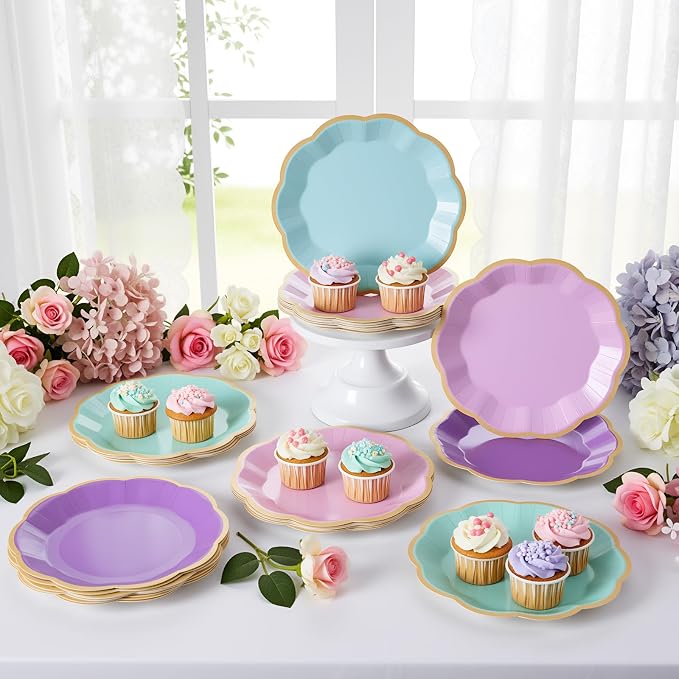 72 Pcs Mermaid Paper Plates 9 Inch Pink Blue Purple Scalloped Paper Disposable Dinner Dessert Plates for Seashell Sea Birthday Wedding Bridal Party Supplies, 6 Colors