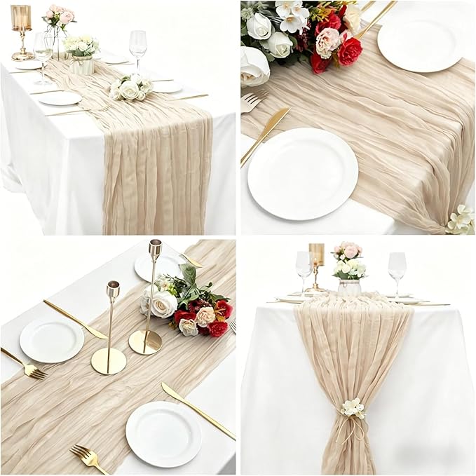 16 Pack Beige Cheesecloth Table Runner 35x120 Inch Boho Gauze Cheese Cloth Table Runners, 10 FT Long Rustic Sheer Table Runners for Wedding Bridal Baby Shower Birthday Party Table Decorations