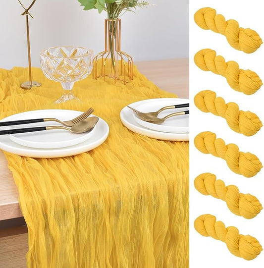 Joanlody Yellow Cheesecloth Table Runner Spring Summer 10Ft Rustic Gauze Boho Cheese Cloth Table Runner for Wedding Bridal Baby Shower Decoration 6 Pack