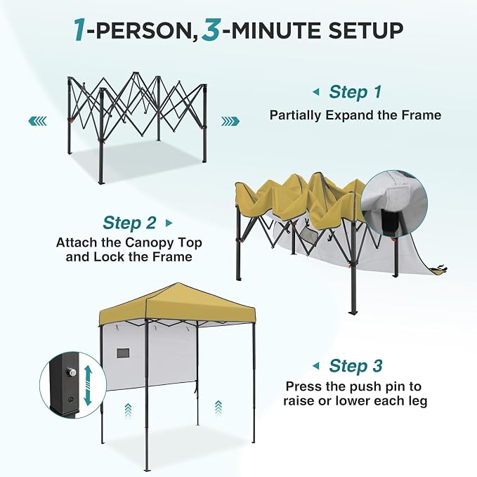 EAGLE PEAK 6x4 Instant Pop Up Canopy Tent with 1 Half Wall Panel, Straight Leg Sun Shelter, Portable Canopy with Carry Bag for Camping, Beach & Sports, Beige