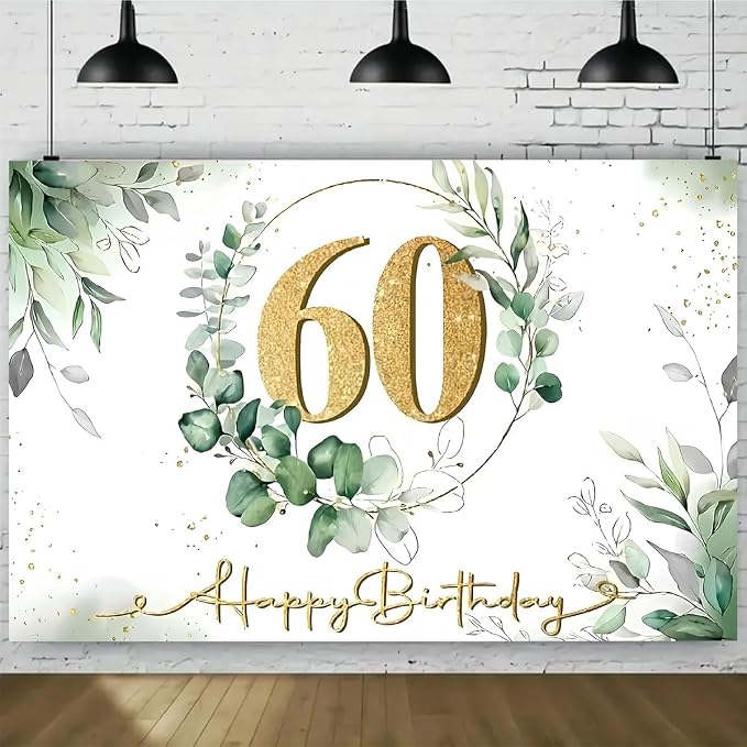 Happy 60th Birthday Backdrop Gold 60th Sign Design Eucalyptus Olive Green Birthday Decorations Gold Dots Greenery Succulent Background for Women Men Birthday Supplies(C, 7X5FT)