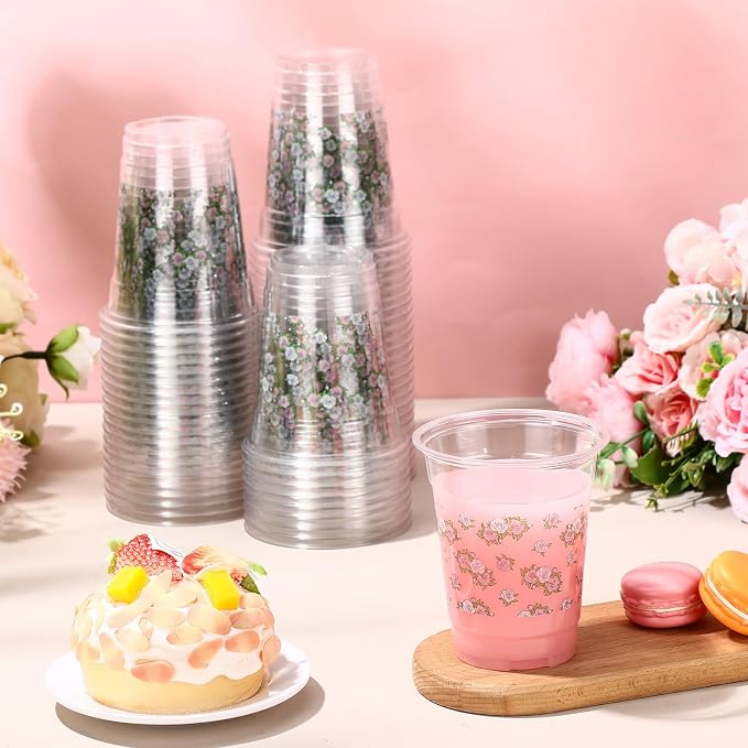 Funnymoom 60 Pack Pink Floral Plastic Cup 12 oz Disposable Clear Plastic Pink White Flower Drinking Cups Bulk for Wedding Bridal Baby Shower Birthday Tea Party Decoration Supplies