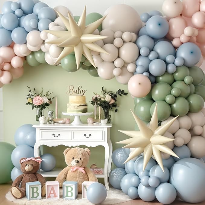 Dusty Blue Green Balloon Garland Arch Kit, Avocado Green Mist Blue White Sand Balloons Kit with Cream Star Balloons for Jungle Safari Neutral Birthday Baby Shower Boho Party Deocrations