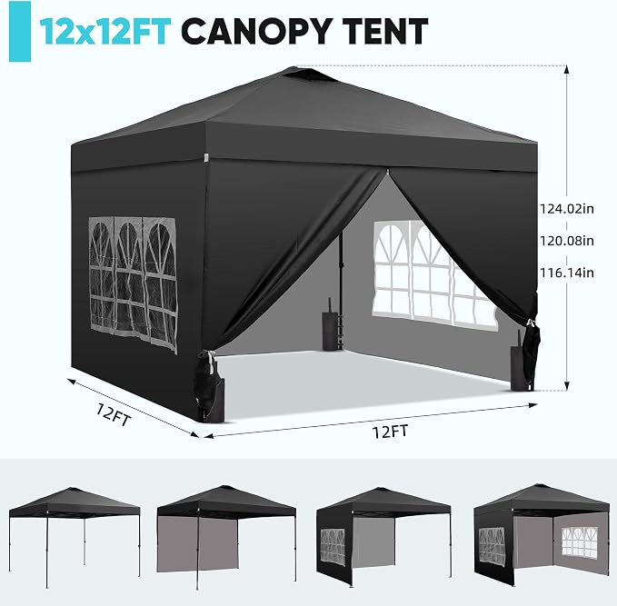 GDY 12x12ft Pop Up Canopy Tent with 4 Sidewalls, with Center Lock, 3-Level Height Adjustment, Wheeled Bag, for Gardens, Poolside, or Patio Lounge Spaces, Black