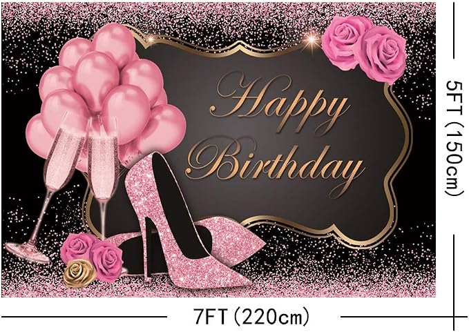 Rose Gold Glitter Happy Birthday Backdrop,Yeele 7x5ft Sweet Pink Balloons Sequin High Heels Champagne Flower Birthday Photography Background for Women Girl Party Supplies Cake Table Decoration Banner