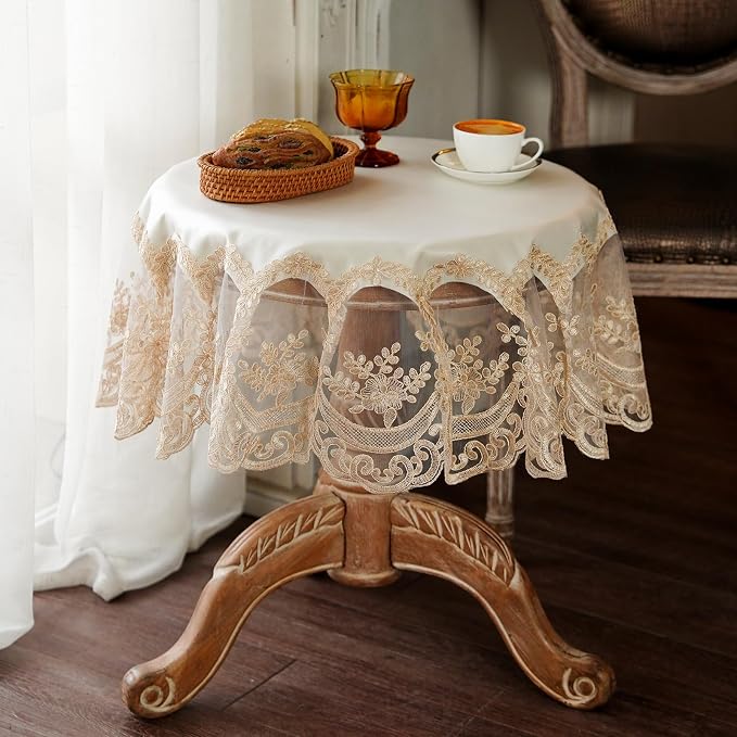ARTABLE Lace Tablecloth Rectangle Waterproof Table Cover with Exquisite Macrame Border for Wedding Kitchen Holidays Party Decor (Beige, 36 Inch Round)