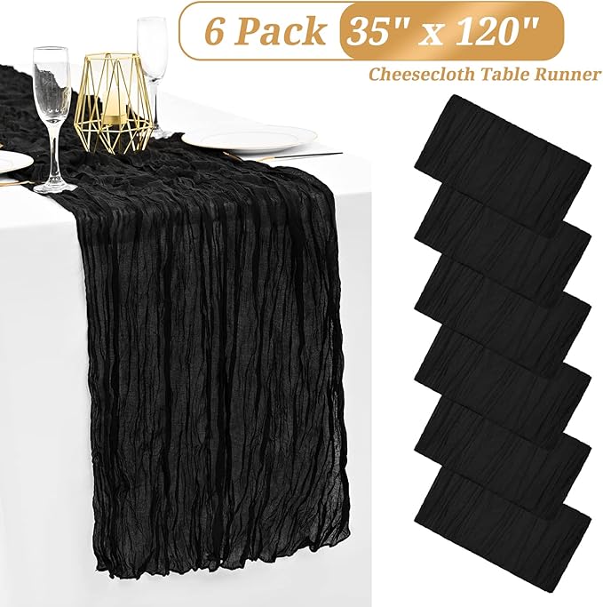 6 Pack Halloween Table Runner 10FT Black Cheesecloth Table Runner 35 x 120 Inch Long Semi-Sheer Gauze Fabric Boho or Rustic Wedding Table Decor for Bridal Shower Baby Shower Holiday Party