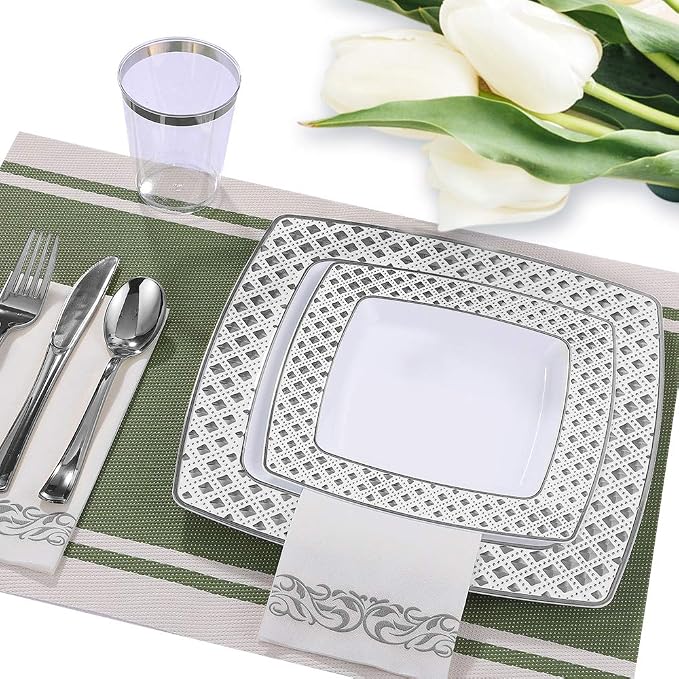 FOCUSLINE 175 Count Silver Dinnerware Set for 25 Guests, Disposable Square Plastic Plates with Diamond Rim, Includes 25 Dinner & Dessert Plates, Napkins, Cups, Cutlery Set for Wedding Parties