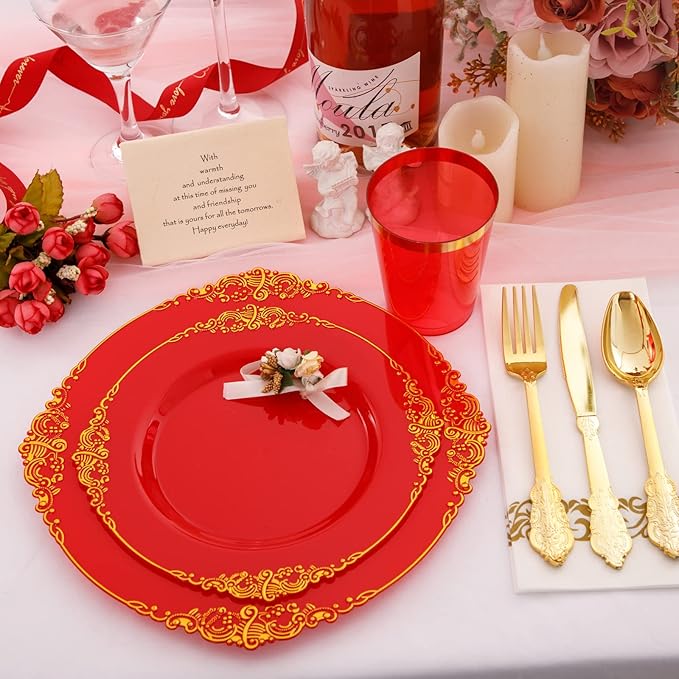 Morejoy 175PCS Red Plastic Plates,Red Disposable Plates With Gold Rim,Red and Gold Plastic Dinnerware Set Includes: 50 Plates,25 Silverware Sets,25 Cups,25 Napkins,Perfect for Party,Mother's Day
