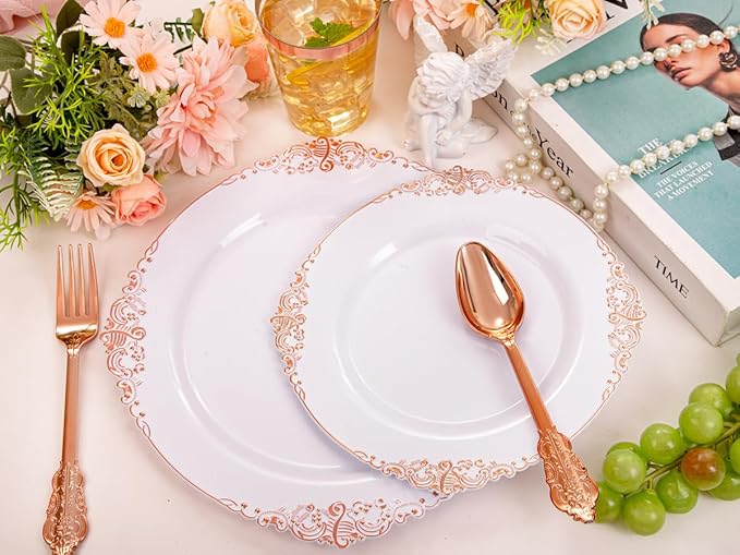 Morejoy 175PCS Rose Gold Plastic Plates & Plastic Silverware inculdes: 25 Dinner Plates,25 Dessert Plates, 25 Forks,25 Knives, 25 Spoons, 25 Cups,25 Napkins Perfect for Wedding & Party & Mother's Day