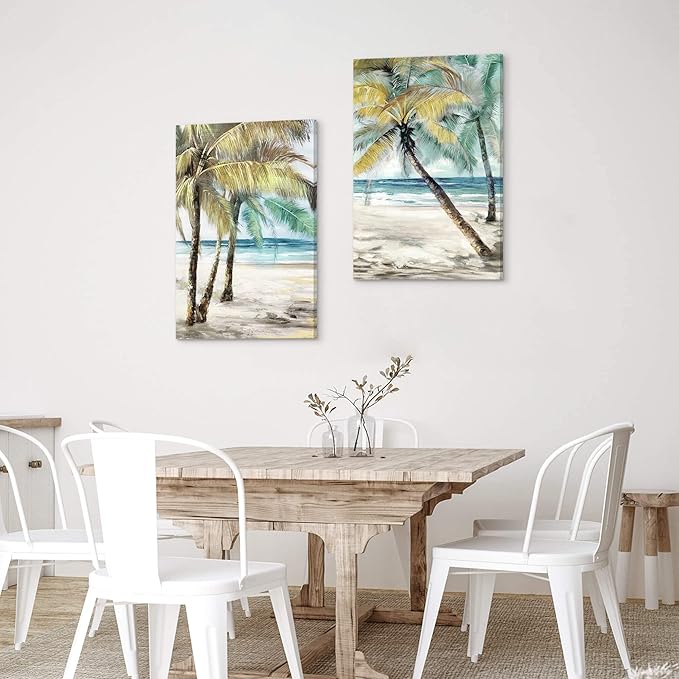 SunFlax Coastal Beach Canvas Wall Art: Palm Trees Picture Tropical Ocean Scene Artwork Abstract Seascape Painting Prints for Modern Living Room Bathroom Bedroom