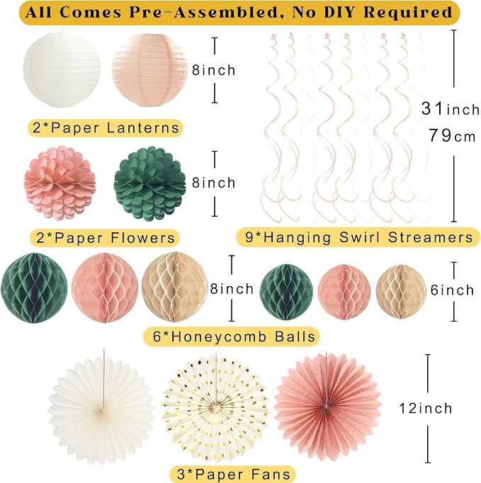 Pink Sage Green Happy Birthday Decorations, Pre-Strung Happy Birthday Banner with Honeycomb Balls, Paper Flowers, Lanterns, Hanging Swirls, Circle Dots Garland for Birthday Party Decorations 24pcs