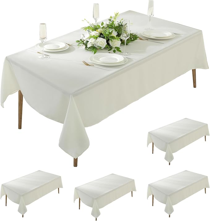 5 Pack Rectangle Tablecloth, 60 x 126 Inch Ivory Tablecloth, 8ft Rectangle Table Cloth, Polyester Fabric Washable Tablecloth for Home, Party, Wedding or Restaurant Use.