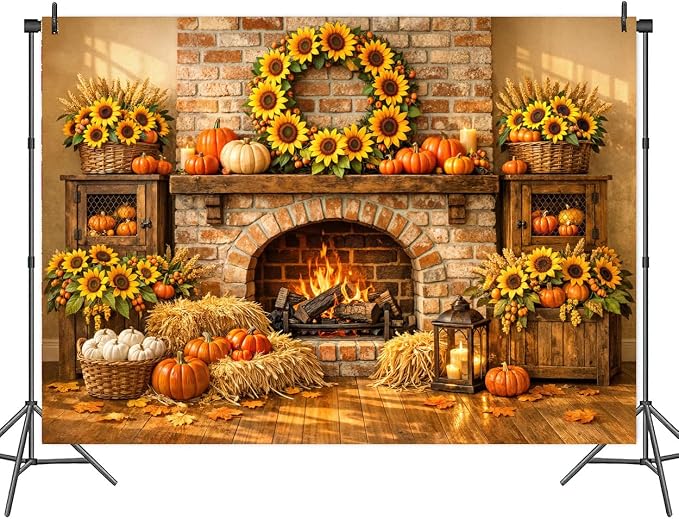 15 x 10 ft Fall Backdrop Fall Fireplace Harvest Pumpkins Maple Leaves Sunflower Background Rustic Friendsgiving Thanksgiving Family Party Decorations Backdrop Photo Props Supplies