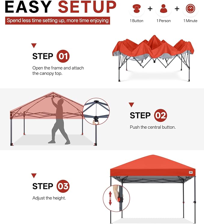 ABCCANOPY 10x10 Pop Up Canopy Tent, Easy Setup Instant Shelter with Wheeled Bag, Heavy Duty Outdoor Canopy for Beach, Market, Backyard, Outdoor Weather Protection (Reddish Orange, 10x10)