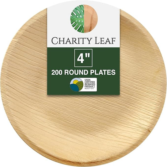 Charity Leaf Disposable Palm Leaf 4" Round Plates (200 pieces) Bamboo Like Serving Platters, Disposable Boards, Eco-Friendly Dinnerware For Weddings, Catering, Events…